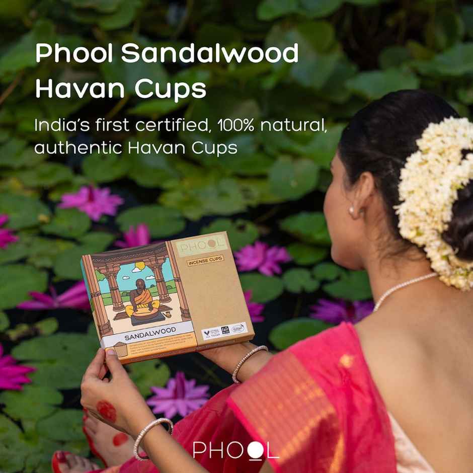 Sandalwood Sambrani Havan Cups | Natural Certified Dhoop Cups | 16 Cups + Holder | Phool