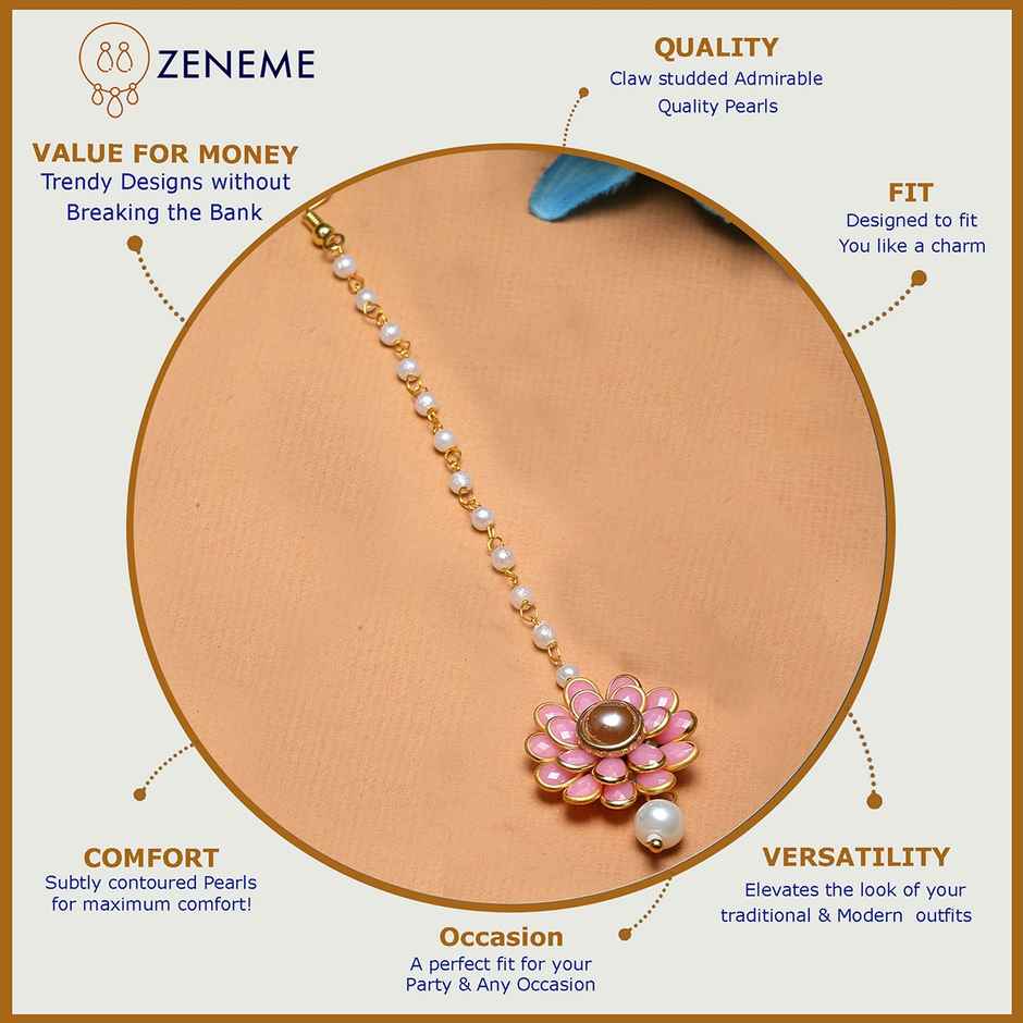 Zeneme Gold Plated Floral Style Attractive Maang-Tikka With Pearls For Girls & Women