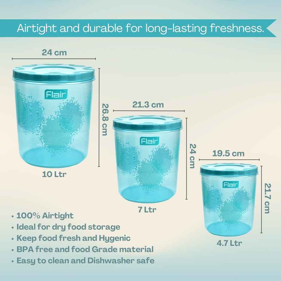 Flair Kitchen Mate Classic Containers Set-3 | 4700/7000/10000 ml | Blue