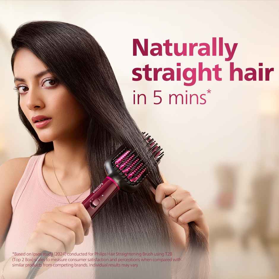Philips India's No.1 Hair Styling Brand -Hair Straightener Brush|5X less Frizz - 5 mins,BHH730 Wine