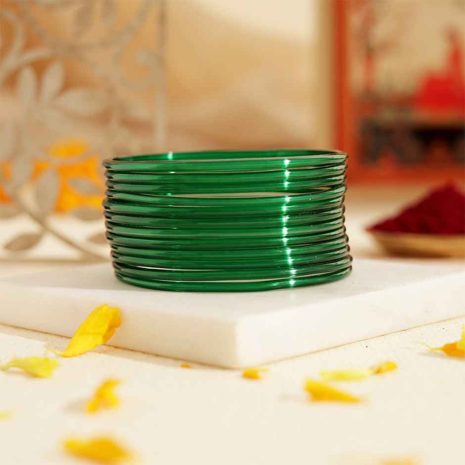 Traditional Glass Bangles | Green | Size 2.6 | Pack Of 12 | Happy Mail