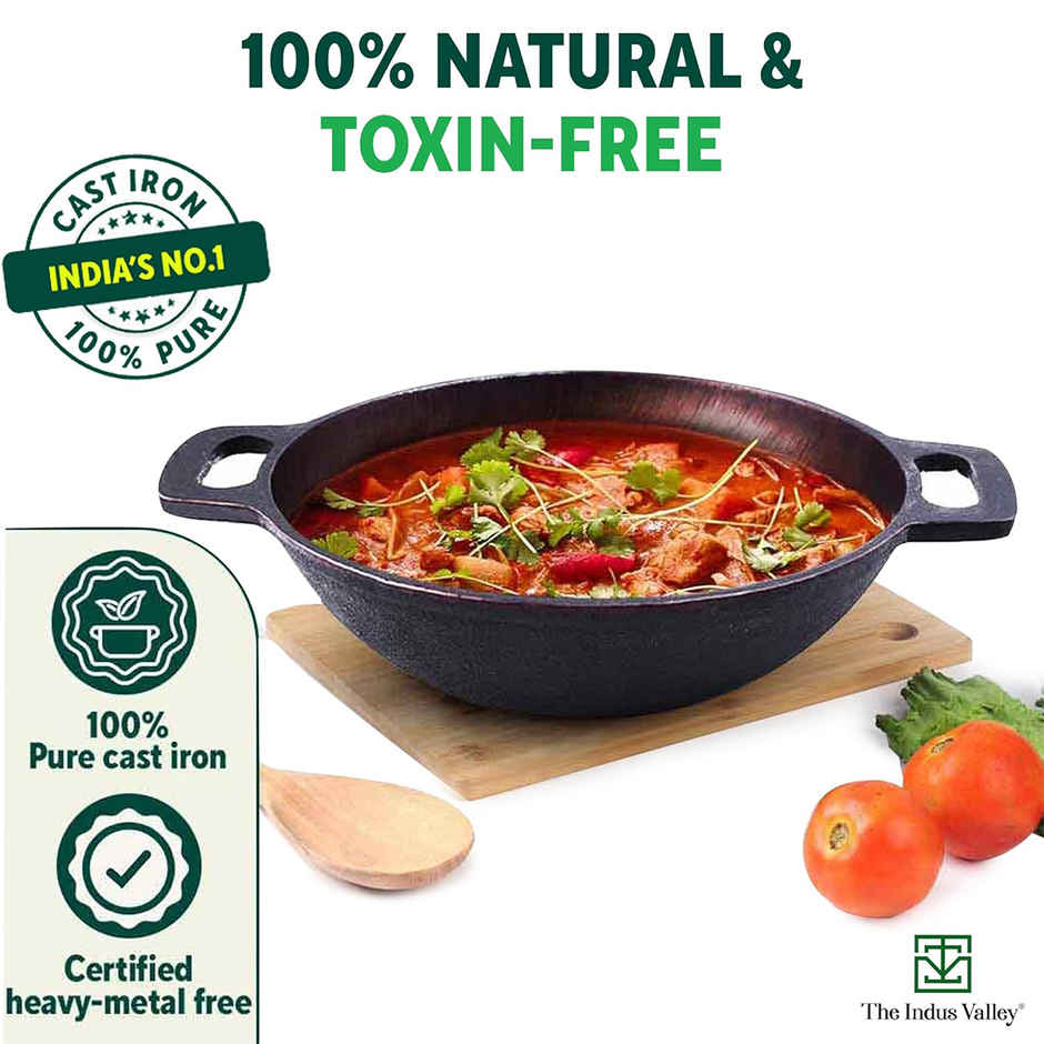 The Indus Valley Super Cast Iron Kadai with Free Iron Tadka Pan |25.4cm/ 10Inch, 2.5Ltr, 2.4kg