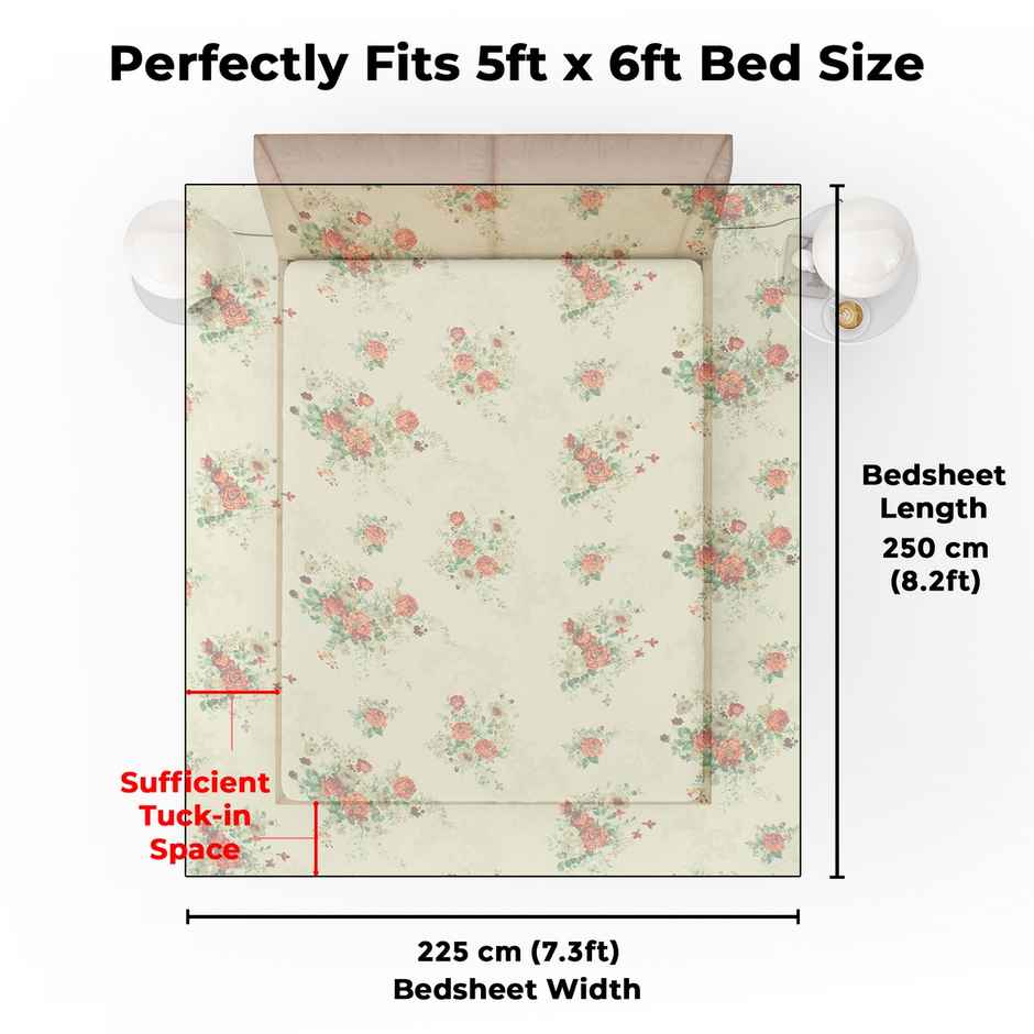 Story@home 144 TC Cotton Double Printed Flat Bedsheet (Cream, Orange)