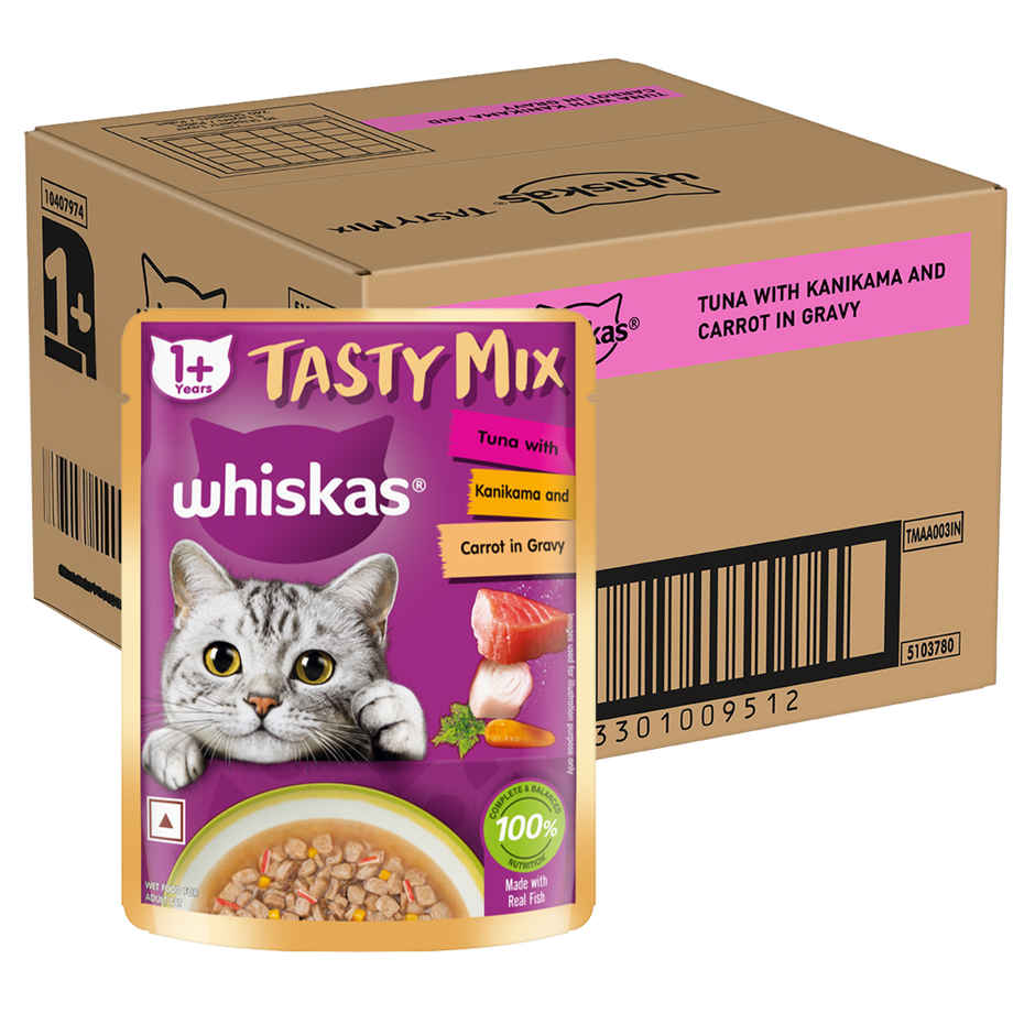 Whiskas Tasty Mix Adult Wet Cat Food, Tuna with Kanikama & Carrot in Gravy