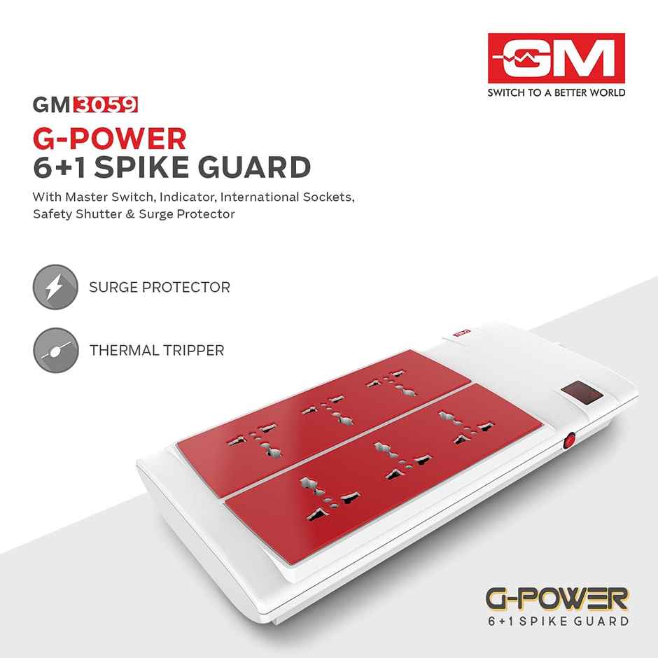 GM 3059 G-Power 6+1 Spike Adaptor with Master Switch, Indicator, Safety Shutter, International Sockets & Surge Protector (2m Cable)