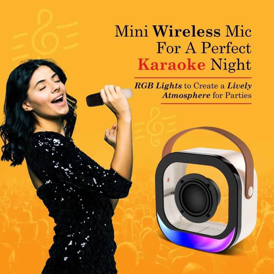 pTron Fusion Moment 10W Mini Bluetooth Speaker with Karaoke Wireless Mic & RGB Lights - Beige