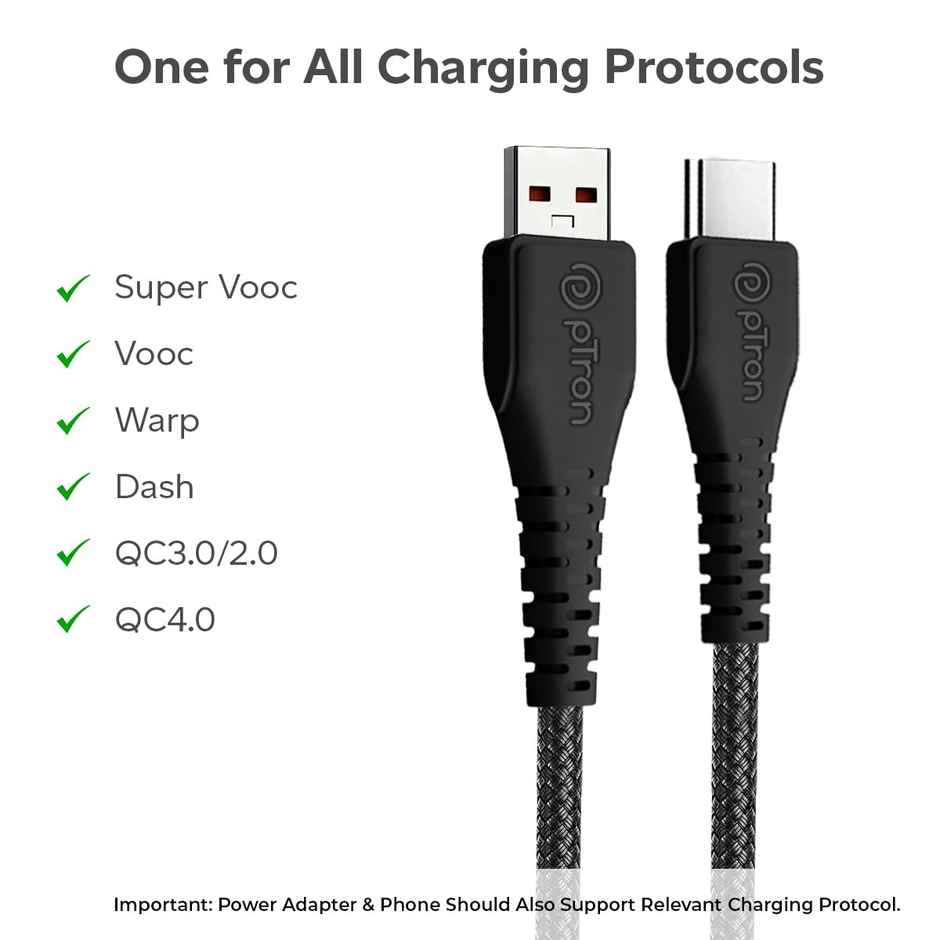 pTron Solero Braid 60W Type C Fast Charging Cable 1.5m For Samsung,OnePlus,Oppo,Vivo, Xiaomi - Black