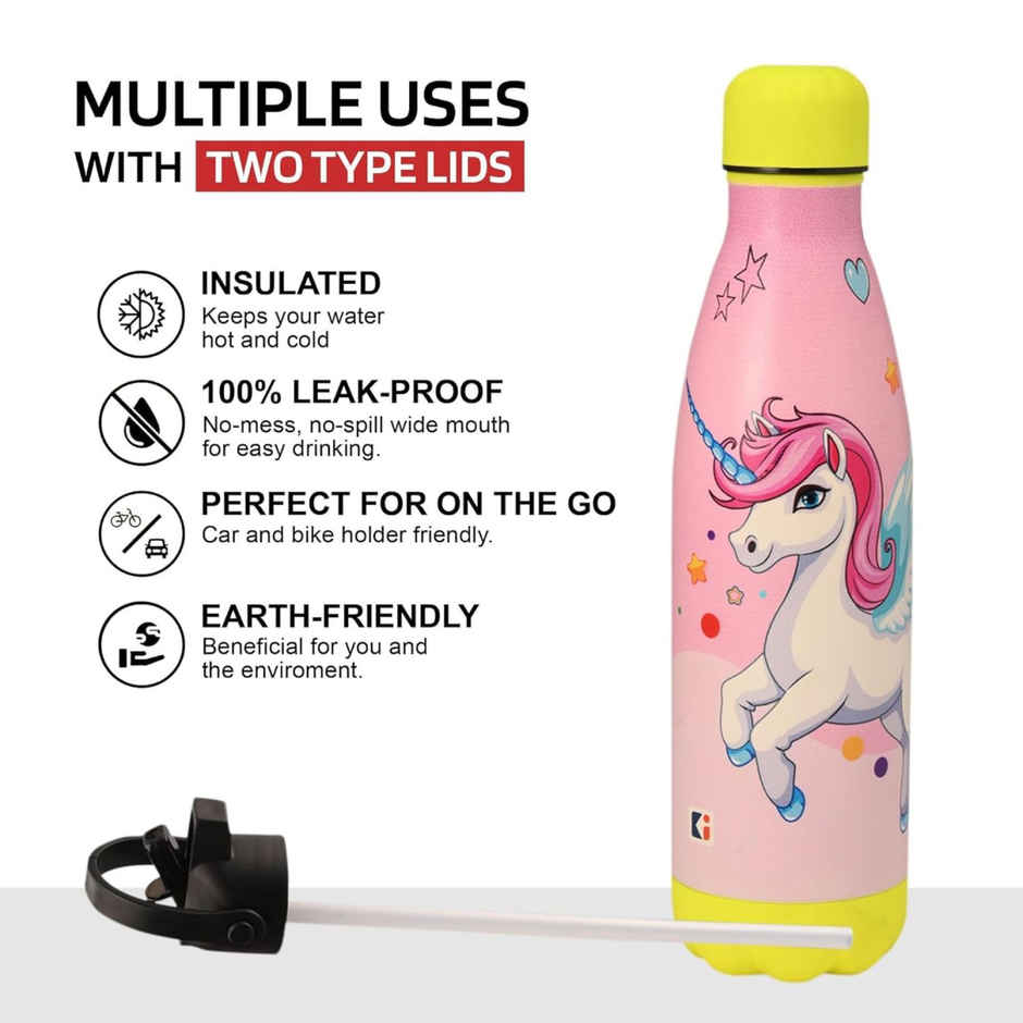 Kuber Industries Unicorn Rainbow 500 ml Insulated Sipper Water Bottle with 2 Lids & Straw | Pink