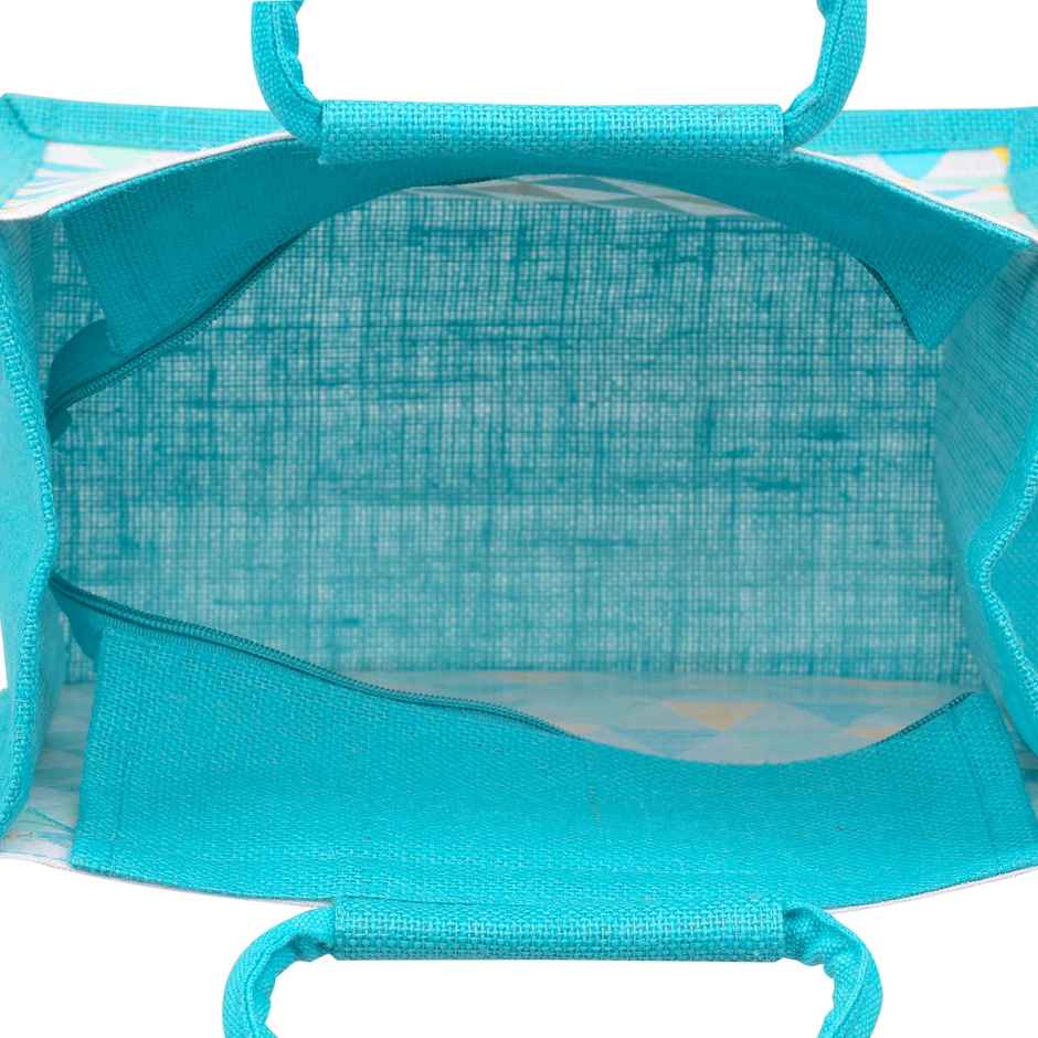 Jute Cottage Carry Bag - Triangle Print Zipper Lunch Bag | Turquoise Blue | 12 x 12 x 7.5