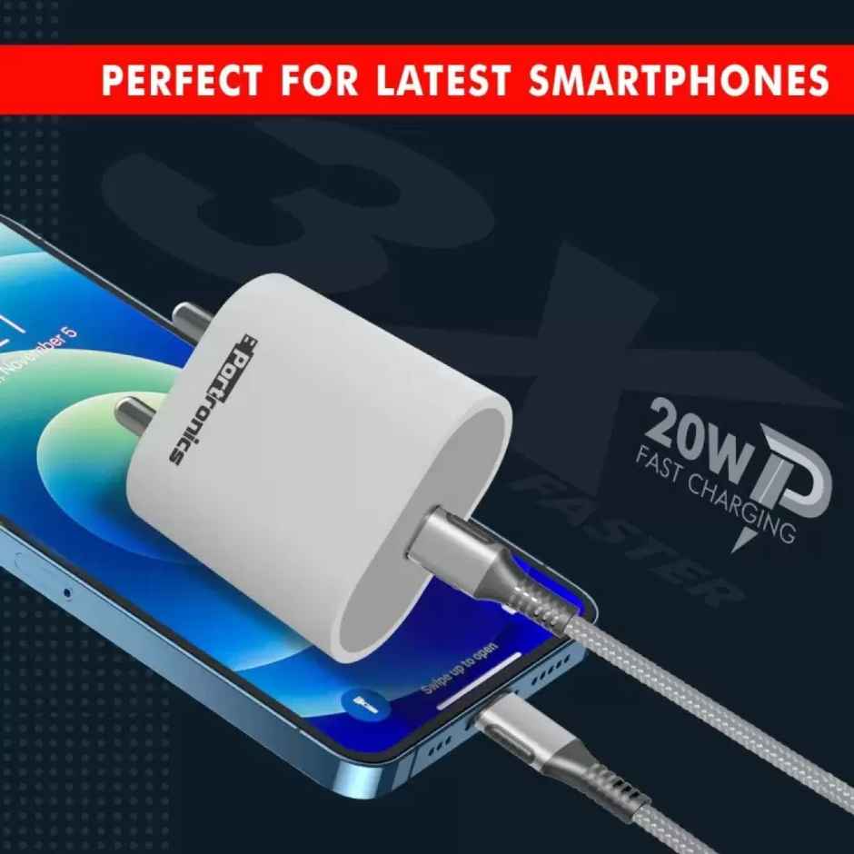 Portronics Adapto 20 Type C 20w Charger for Android,iPhone 14/14 Plus/ 14 Pro/ 14 Pro Max, iPhone 13/13 Pro/13 Pro Max/13 Mini, 12/12 Mini/ 12 Pro Max, iPhone 11 Series with PD 3.0 - White