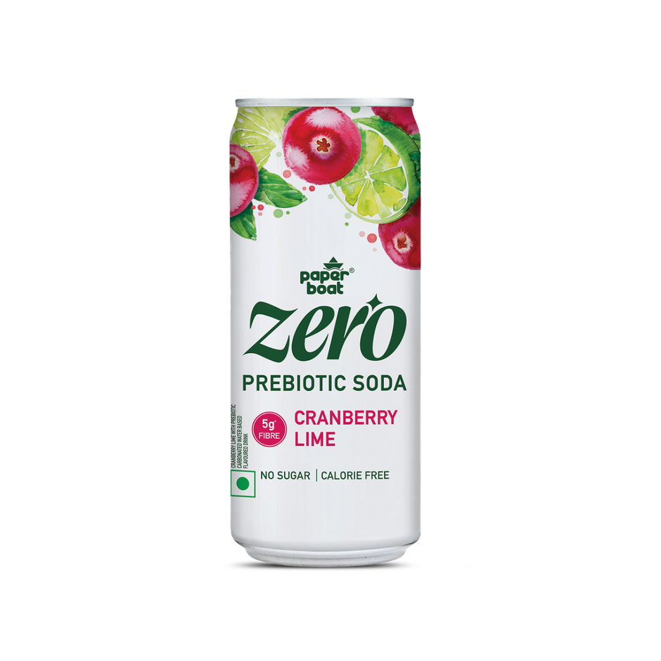 Paper Boat Zero Prebiotic Soda Cranberry Lime, 5g Fibre, Caffeinated Sugar Free Cold Drink