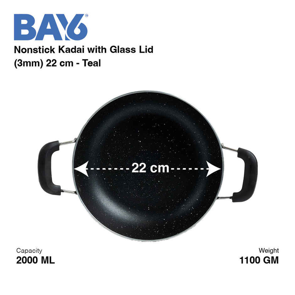 BAY6 NonStick Cookware Set (Dosa Tawa 26 cm + Fry Pan 24 cm + Kadai 22 cm with Glass Lid 3 mm) - Teal