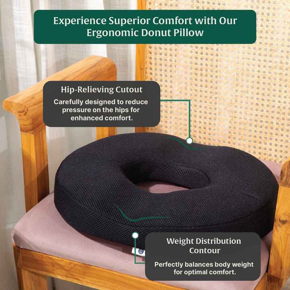 The White Willow Donut Pillow for Coccyx Pain | Firm Memory Foam | Tailbone Relief Cushion - Black