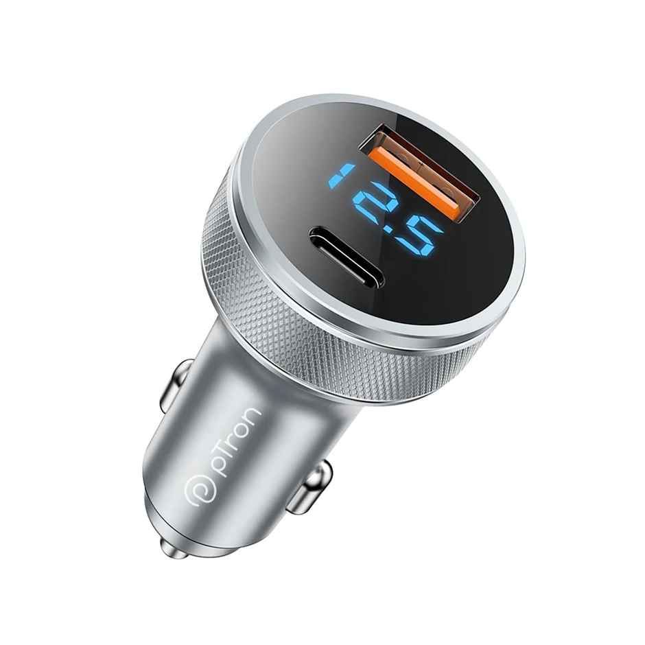 pTron Bullet Ultima 65W Car Charger | Super Fast Charging | Dual Outputs 45W Type-C PD & 20W USB - Grey