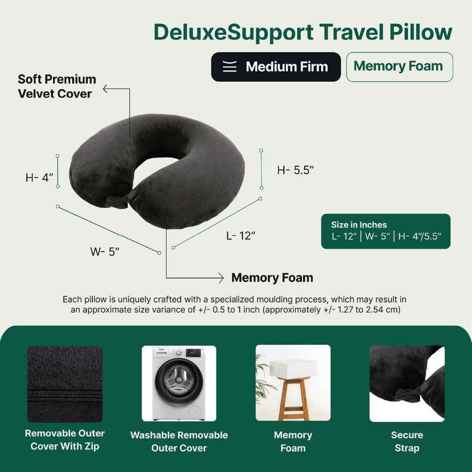 The White Willow Memory Foam Travel Neck Pillow | Ergonomic U - Shape Cushion for Travel - Black
