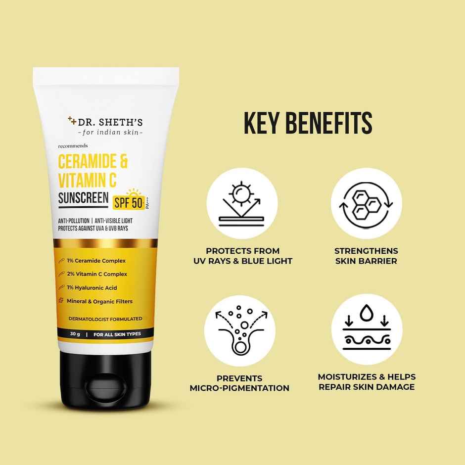 Dr. Sheth'S Ceramide & Vitamin C Sunscreen Spf 50 Pa+++ No White Cast For All Skin Type