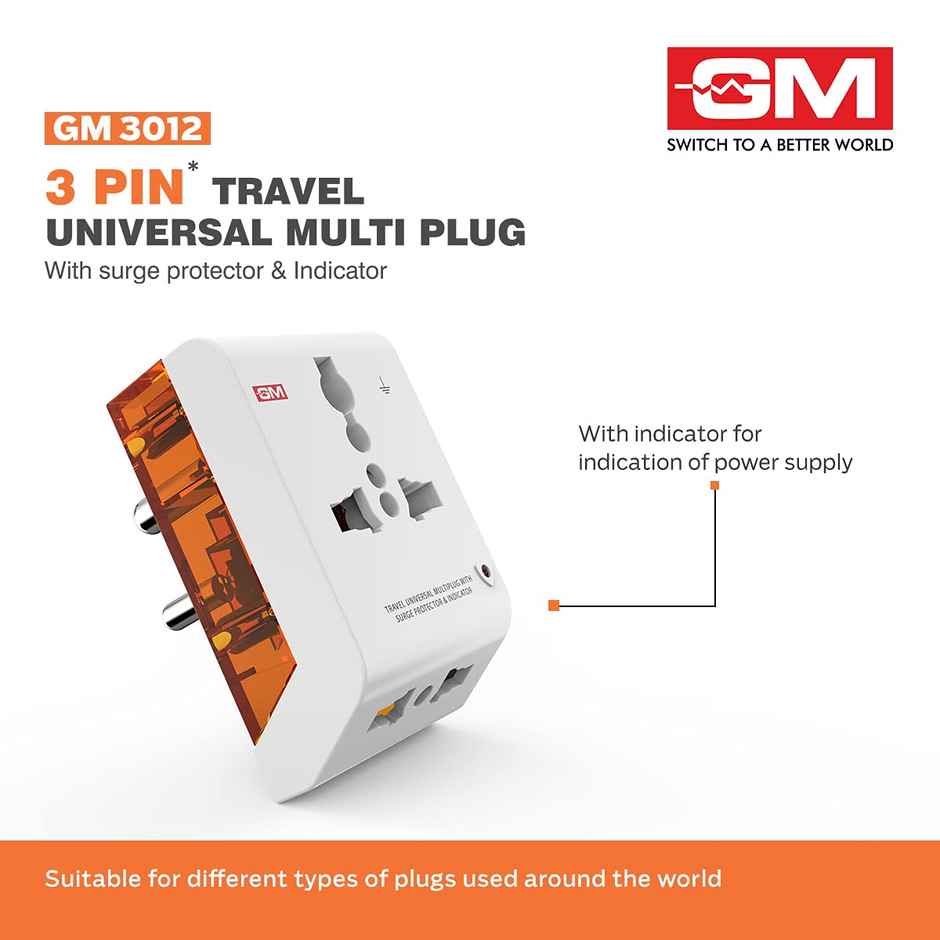 GM 3012 3 Pin Travel Universal Multi Plug Adaptor with Surge Protector and Indicator White