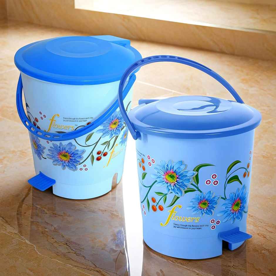 Kuber Industries Plastic 10 L Step-On Pedal Dustbin with Lid | Flower Print | Blue