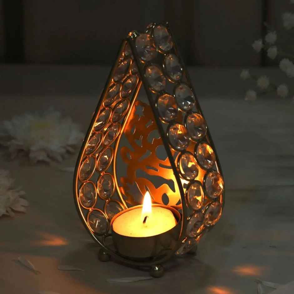 Crystal Laxmi Ji Tealight Candle Holder for Home Decor | Iron | Gold | Urban Born