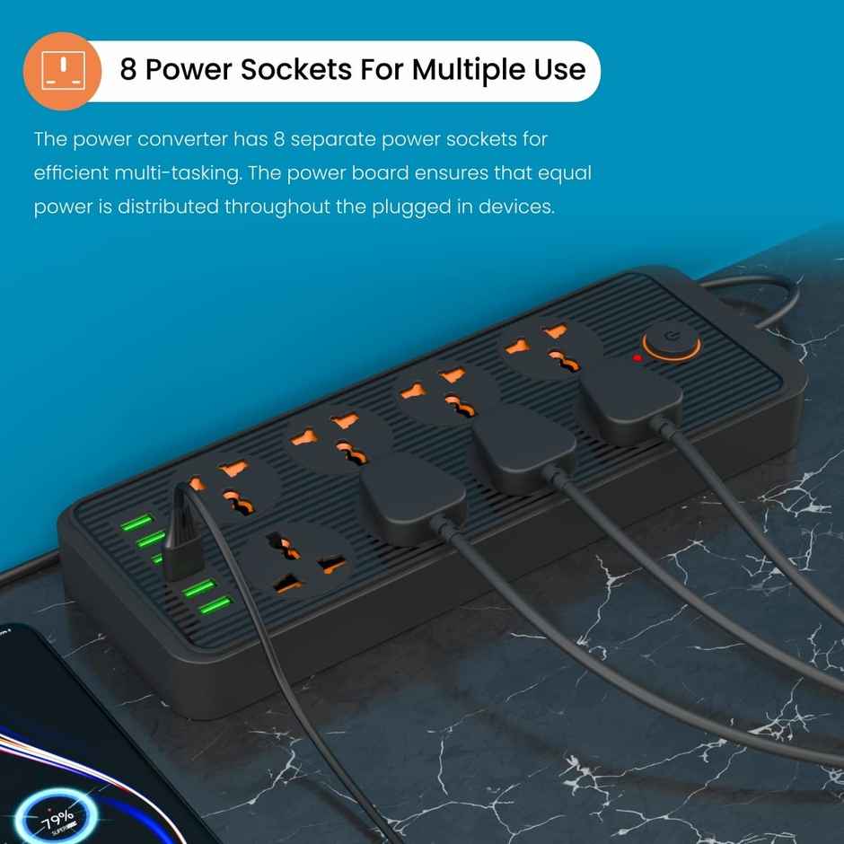 Portronics Power Plate 7 with 6 USB Port + 8 Power Sockets Power Strip Extension Board with 2500W, 3Mtr Cord Length, 2.1A USB Output, 250 Volts - Black