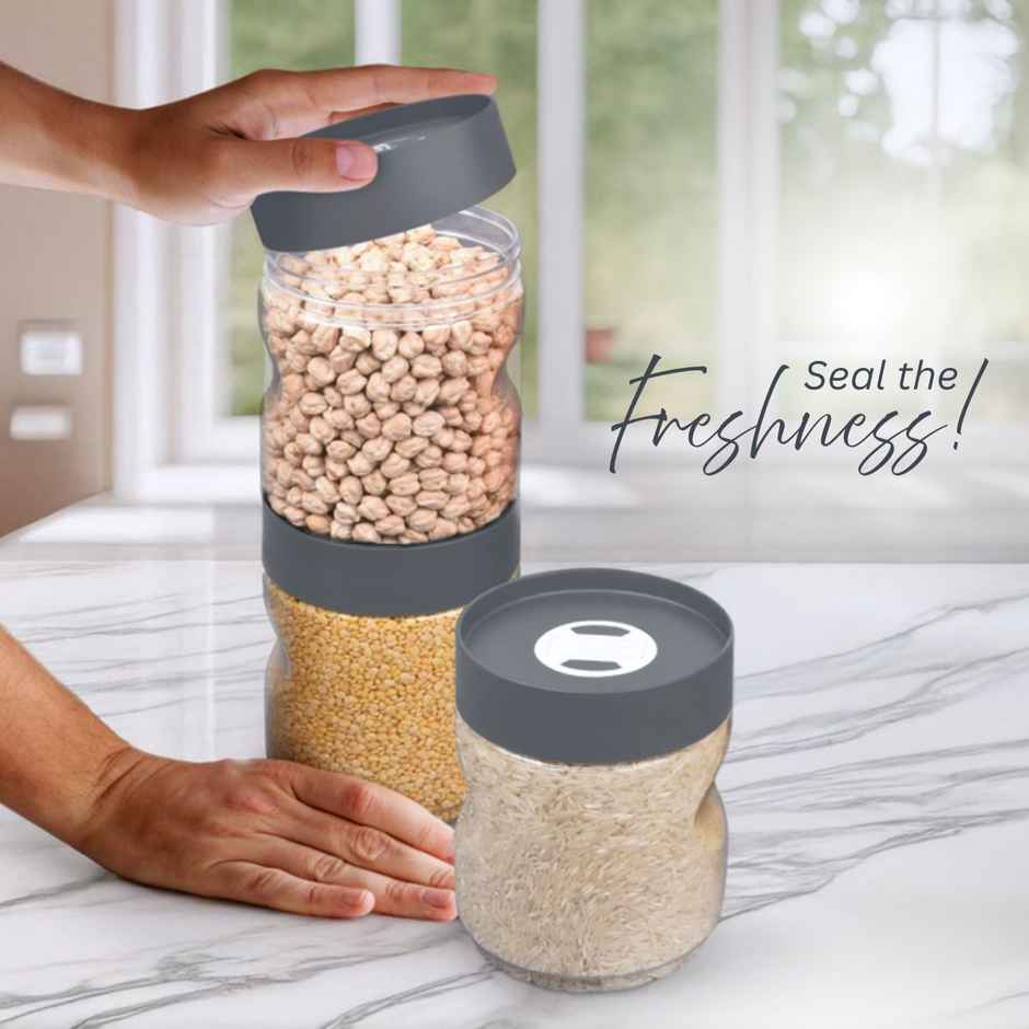Flair Plastic Stackup Pet Jar Set Of 3 Pcs 1000 ml (Gray), Transparent