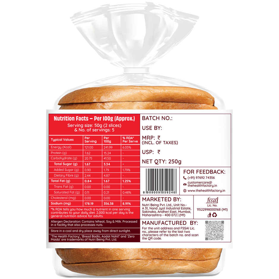 The Health Factory Protein Bread | Zero Maida | 38g High Protein | Whole Wheat Bread