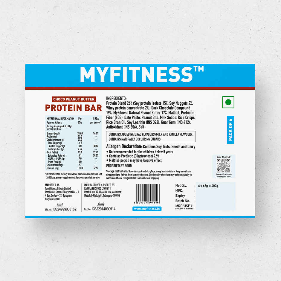 Myfitness Chocolate Peanut Butter Protein Bar Mono Carton, Pack of 6 Combo
