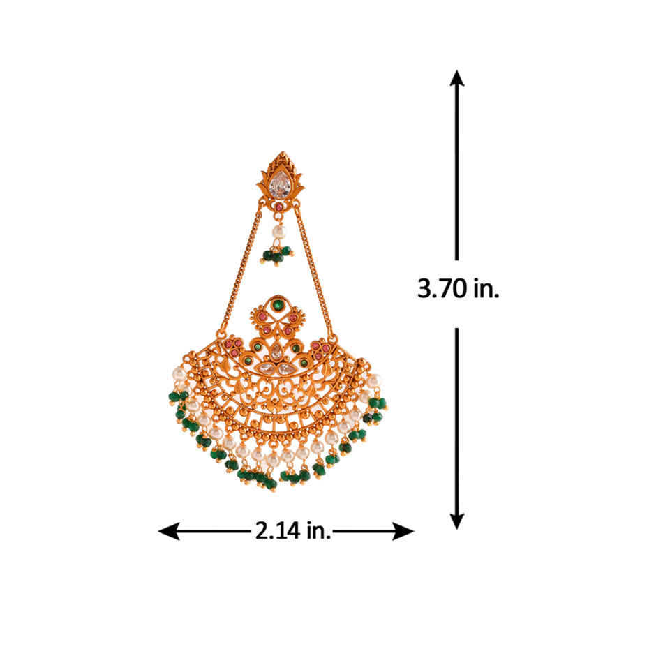 Voylla Abharan Ethnic White Pearls And Green Stones Filigree Earrings