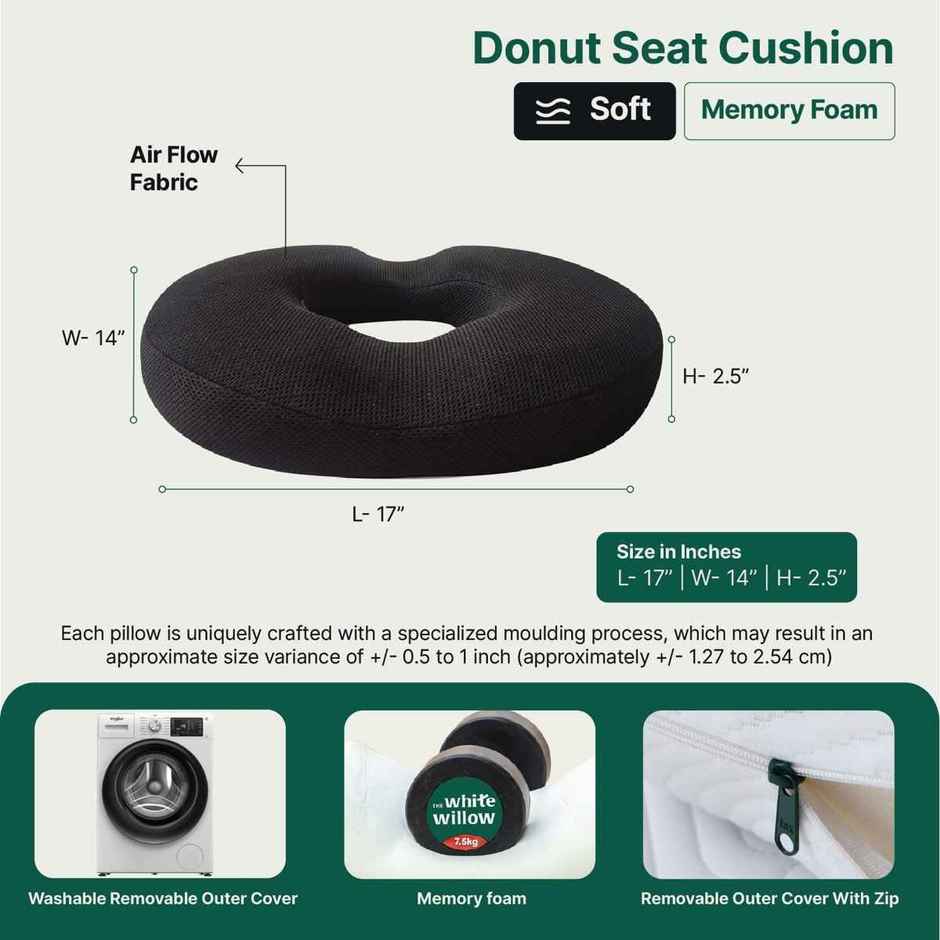 The White Willow Donut Pillow for Coccyx Pain | Firm Memory Foam | Tailbone Relief Cushion - Black