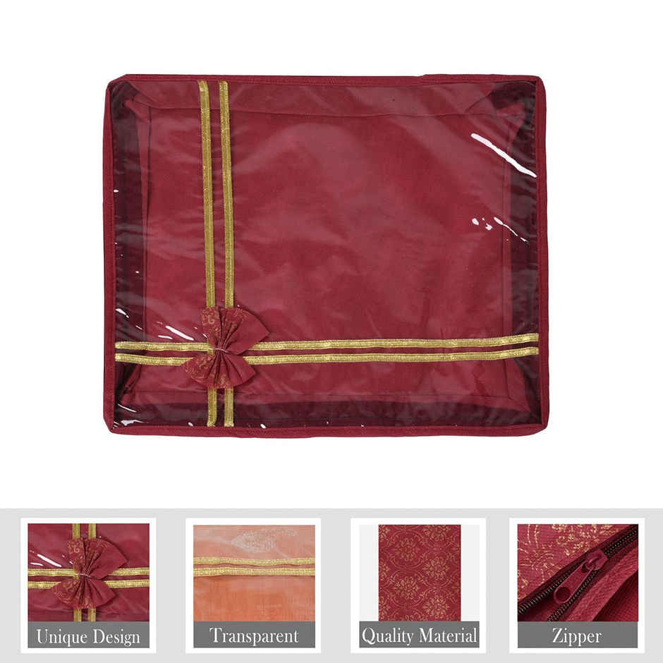 Kuber Industries Pack of 6 Bow Golden Printed Saree Cover | 3 Inch Cloth Packing Bags | Maroon