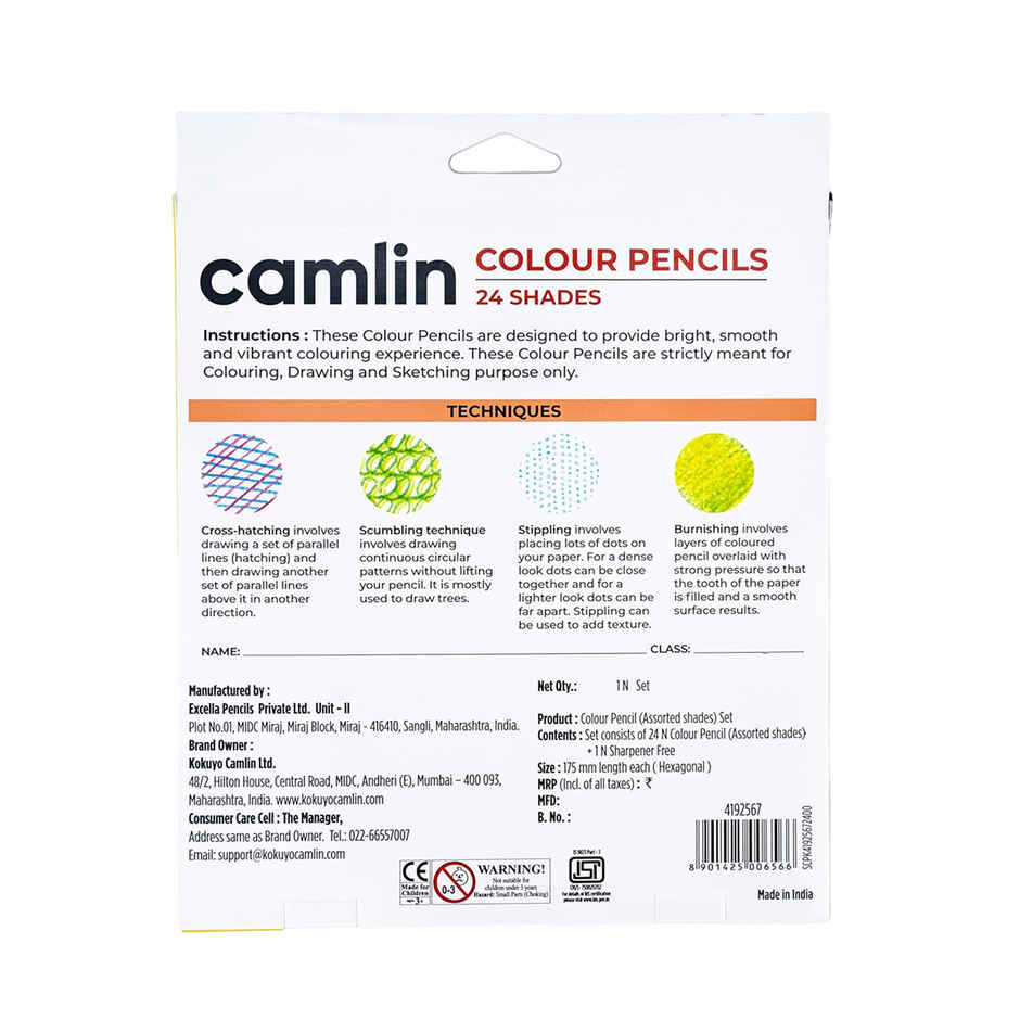Camlin Colour Pencils Assorted Pack Of 24 Shades With Sharpener, Full Size