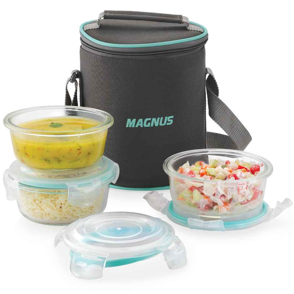 Magnus Vivid Solid Glass Lunch Box - Round Microwave Safe Borosilicate Container | 400 ml x 3 & Bag