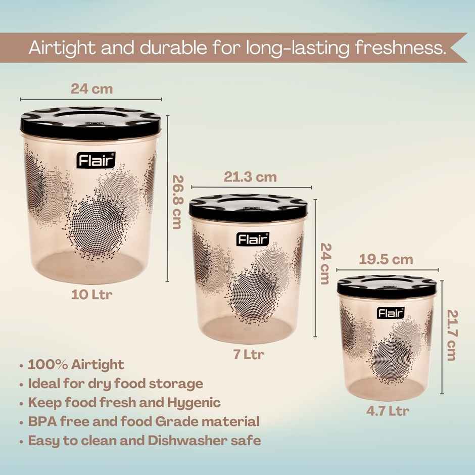 Flair Kitchen Mate Classic Containers Set-3 | 4700/7000/10000 ml | Brown