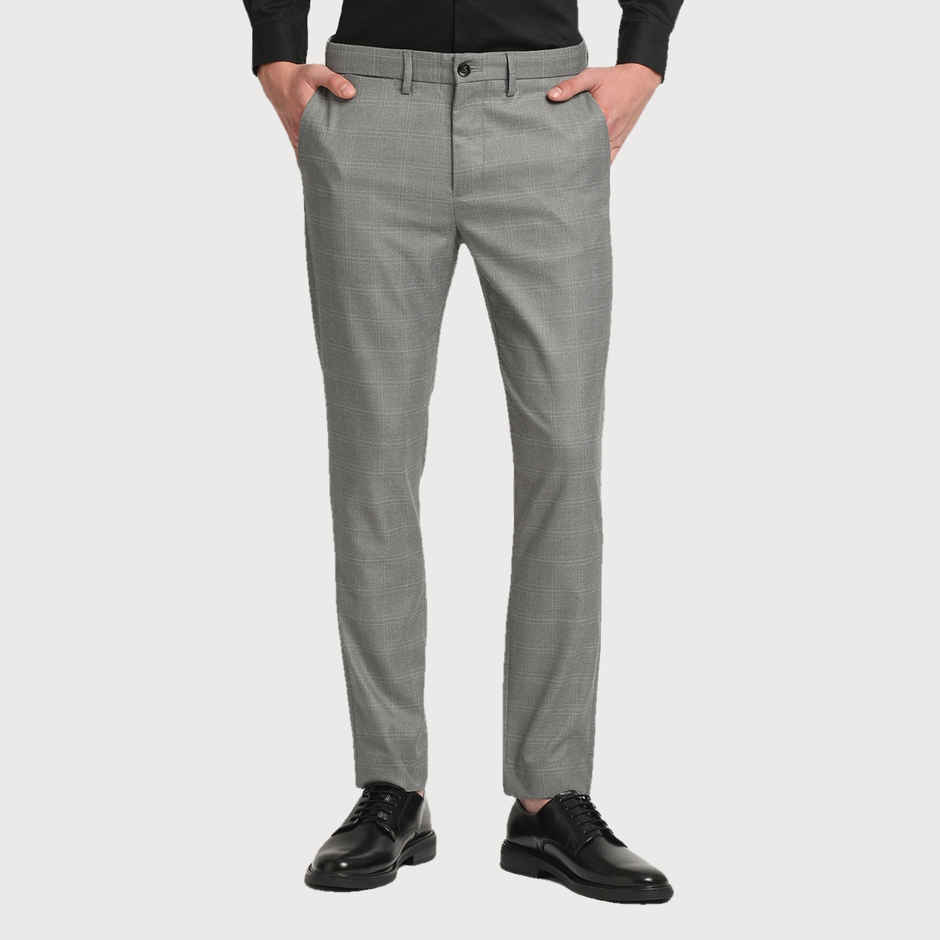 The Bear House Men Slim Fit Checked Polyester Blend Formal Trouser - Caneel | Grey | 30