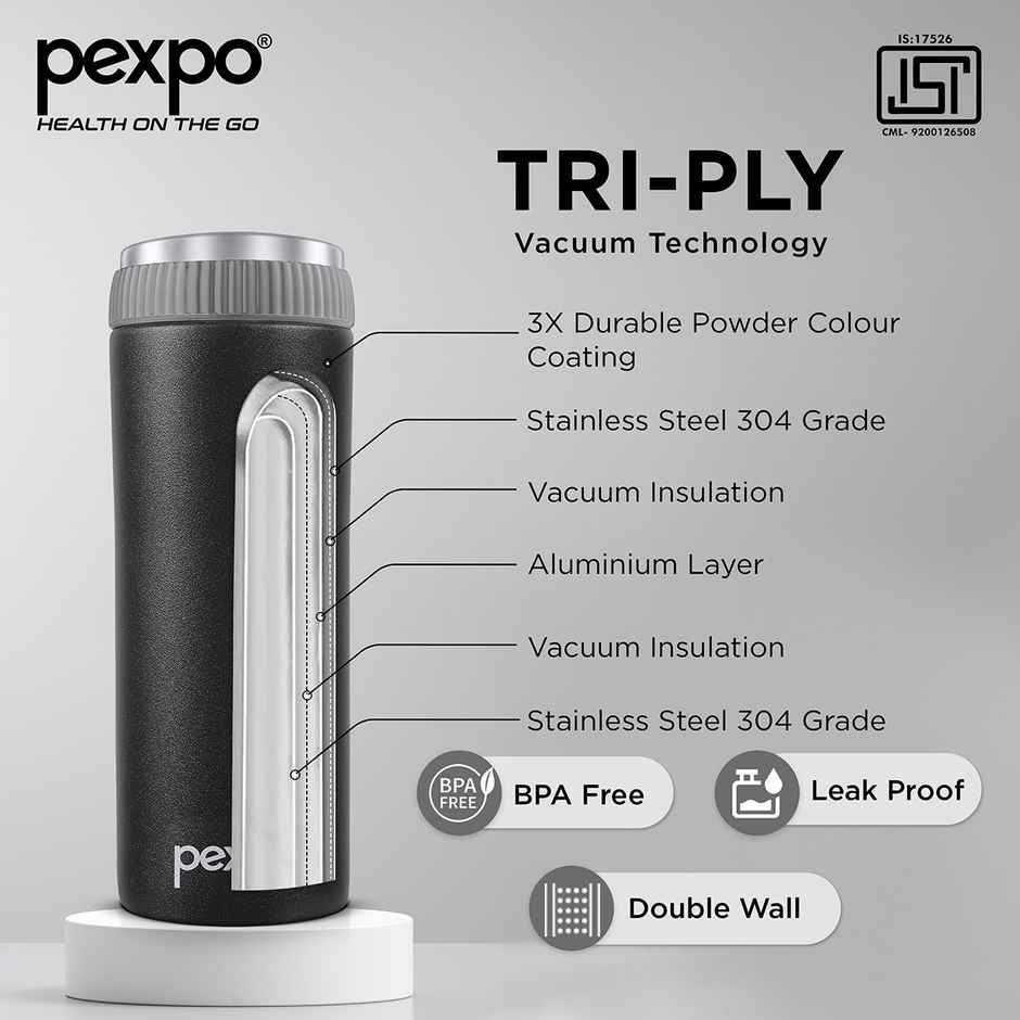 Pexpo Crypto ISI Certified Hot & Cold Flask | 430 ml | Knight Black | Stainless Steel