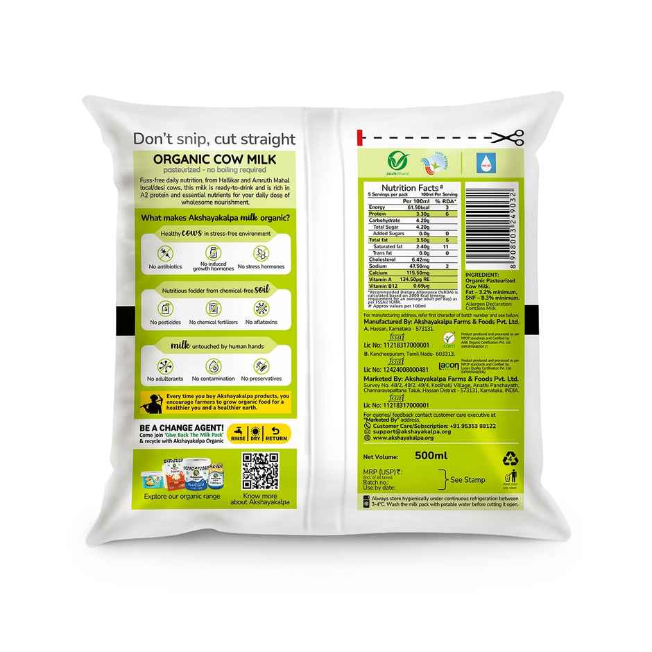 Akshayakalpa Amrutha A2 Pasteurized Fresh Organic Milk (Pouch)