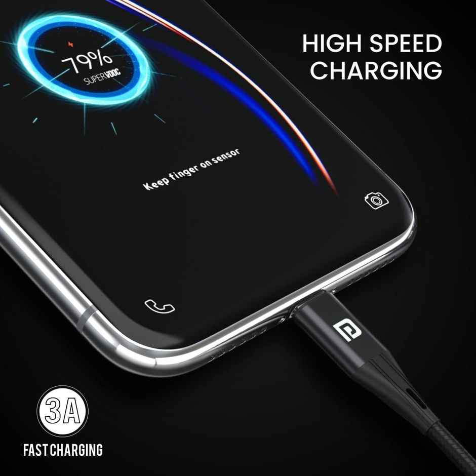 Portronics Konnect X USB to 8 Pin/Lightning Fast Charging Cable with 3A Output,Data Sync,Nylon Braided,Aluminium Alloy Shell,Compatible With iPhone 14,13,12,11,X, 8 Pro/Pro Max Series,iPad - Black
