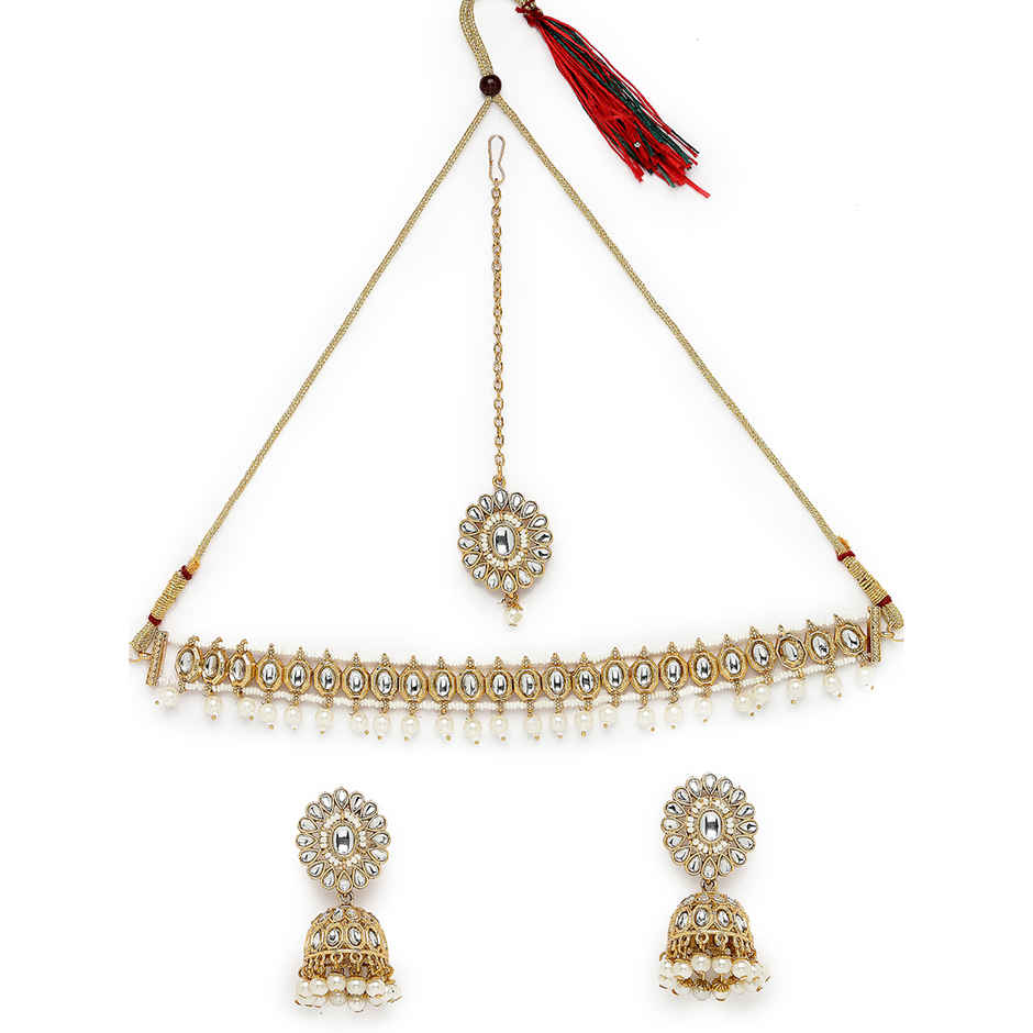 Sukkhi Heavenly Gold Plated White Kundan & Beads Studded Choker Necklace Set