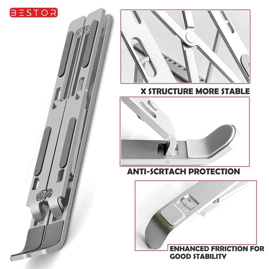 Bestor Adjustable Laptop Tabletop Stand Portable Foldable Compatible, MacBooks &, Aluminum Stand with Anti Slip Design & Adjustable Height, Lapdesk Stand, Hold Laptop, Books, Phone, Tablet - Silver
