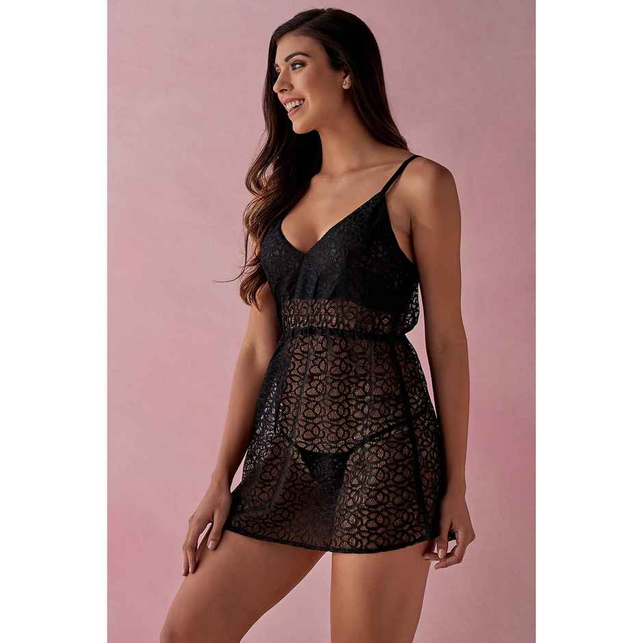 Clovia Sheer Babydoll with Matching G-String in Black - Lace | NS1300D13 | Black | L