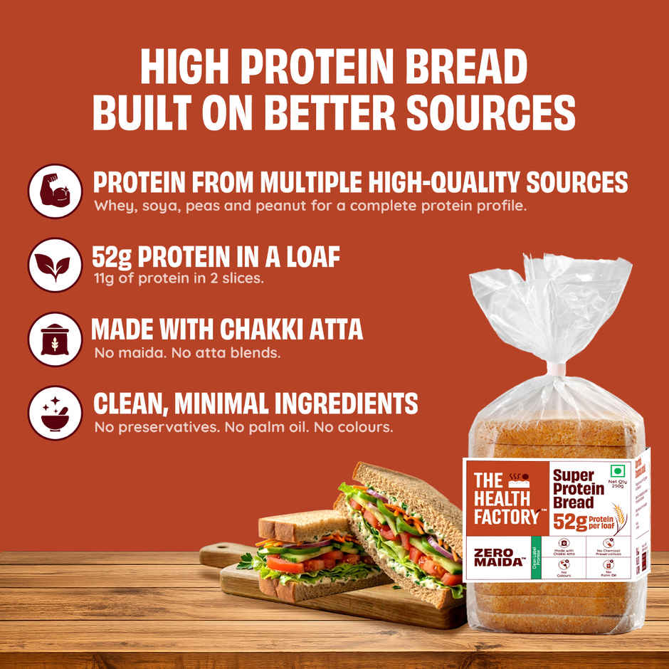 The Health Factory Super Protein Bread | Zero Maida | 52g High Protein | Whole Wheat Bread