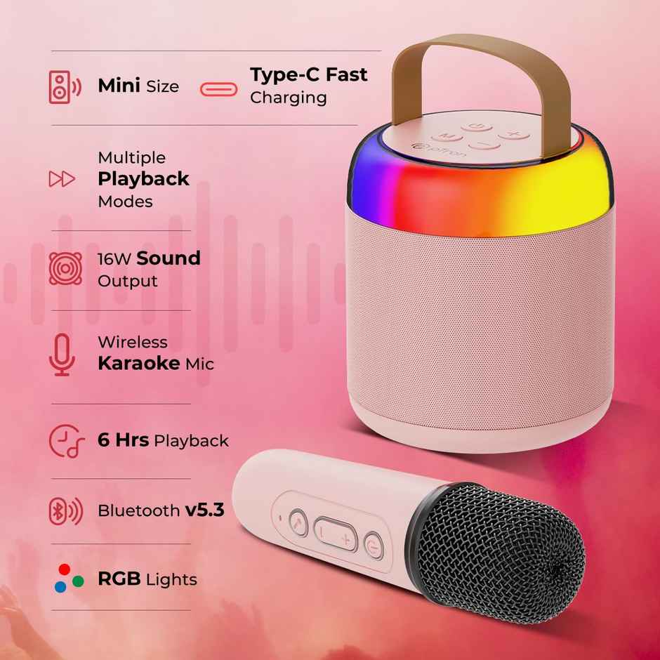 pTron Fusion Bliss 16W Bluetooth Speaker | Wireless Karaoke Mic | RGB Lights | 6Hrs Playtime - Pink