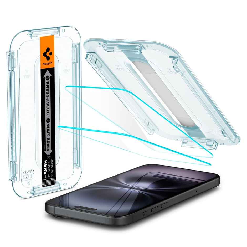 Spigen EZ Fit Tempered Glass Screen Protector Guard for iPhone 16 / iPhone 15 (2 Pack)