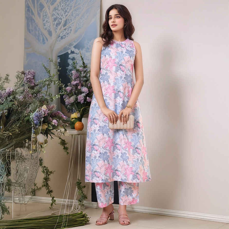 GoSriKi Women's Viscose Rayon Straight Printed Kurta with Pant | SBL | Grey - M