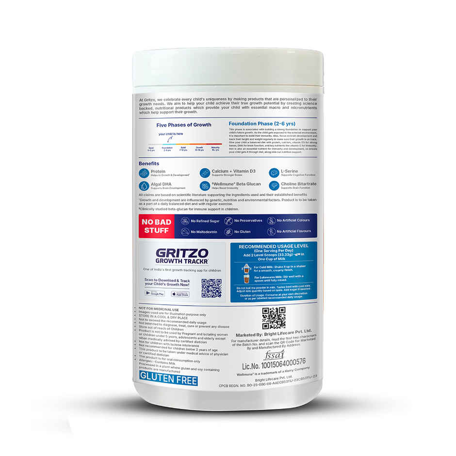 Gritzo SuperMilk Overall Growth | 2-6y Boy & Girl | 6g Protein Powder | Double Chocolate