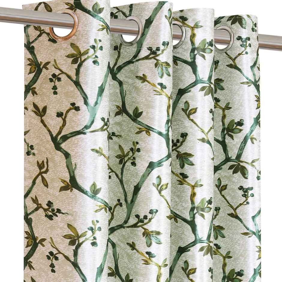 Romee Leafy Printed Polyester Window Curtain 5 feet Set of 2 | Green and Off White