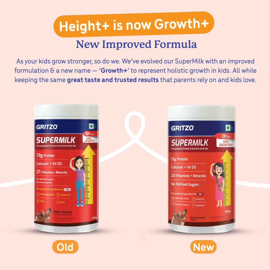 Gritzo Supermilk Growth+ (Formerly Height+) (13+ Yrs Girls) | Double Chocolate, 12 Scoops
