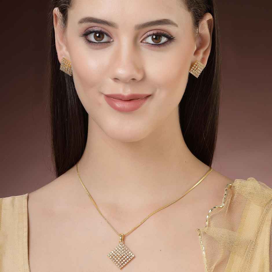 Zeneme Gold-Plated American Diamond Studded Square Shaped Necklace and Earrings For Women & Girls