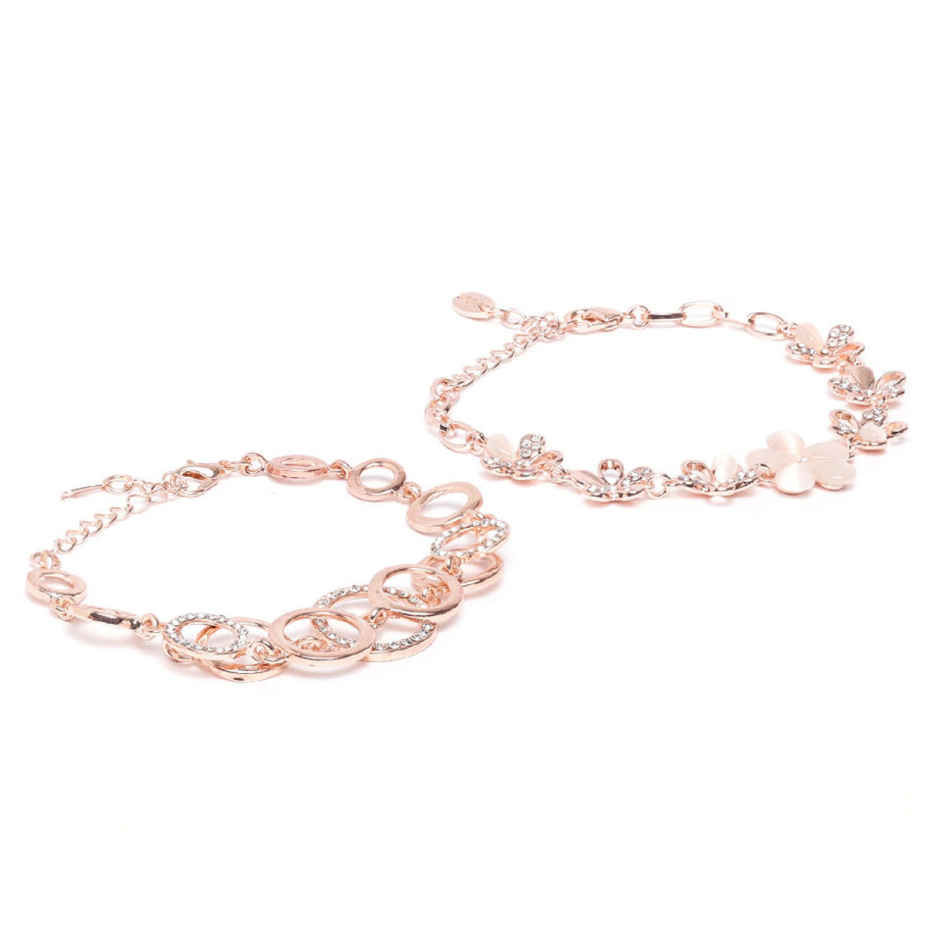 YouBella Rose Gold-Plated and Pink Link Bracelet Set