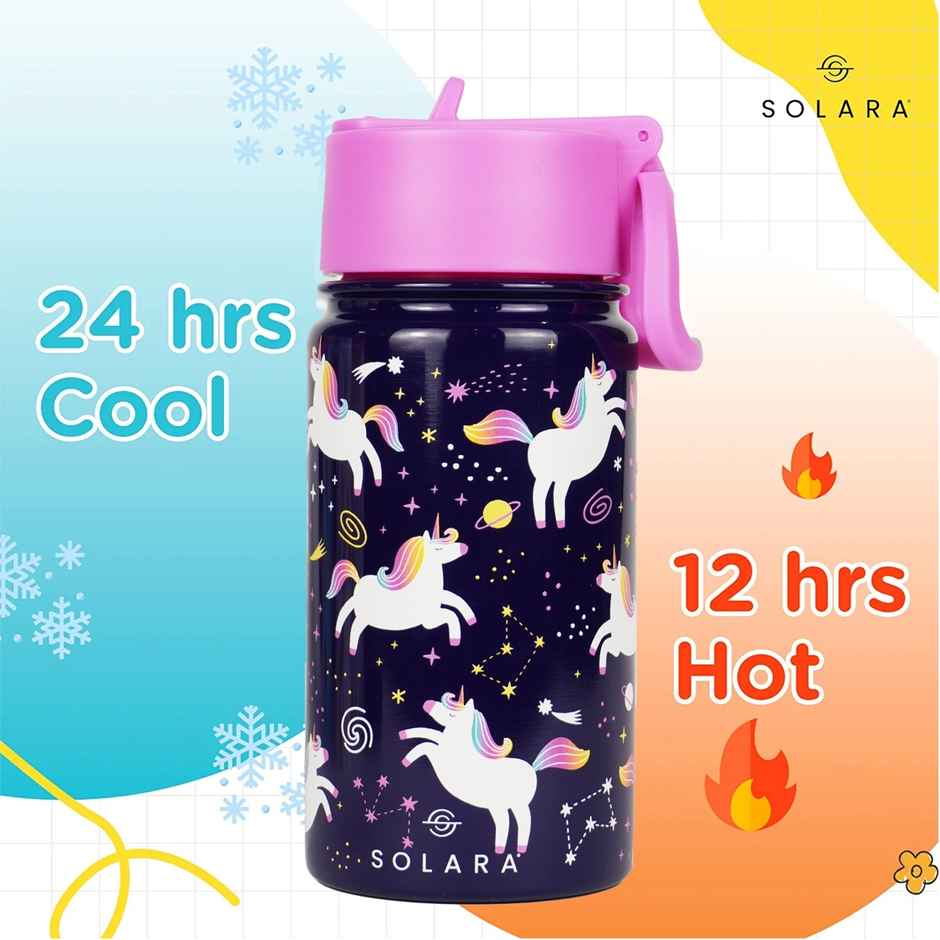 Solara 450Ml Insulated Sipper Water Bottle For Kids, Stainless Steel- Unicorn